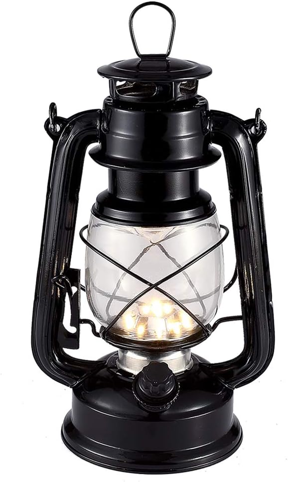 Black Vintage LED Hurricane Lantern, Warm White Battery Operated, Antique Metal Hanging With Dimmer Switch, 15 LEDs, 150 Lumen for Indoor or Outdoor Usage (Black)